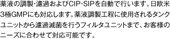 薬液の調製・濾過およびCIP・SIPを自動で行います。日欧米3極GMPにも対応します。薬液調製工程に使用されるタンクユニットから濾過滅菌を行うフィルタユニットまで、お客様のニーズに合わせて対応可能です。