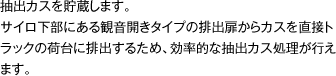 抽出カスを貯蔵します。
サイロ下部にある観音開きタイプの排出扉からカスを直接トラックの荷台に排出するため、効率的な抽出カス処理が行えます。